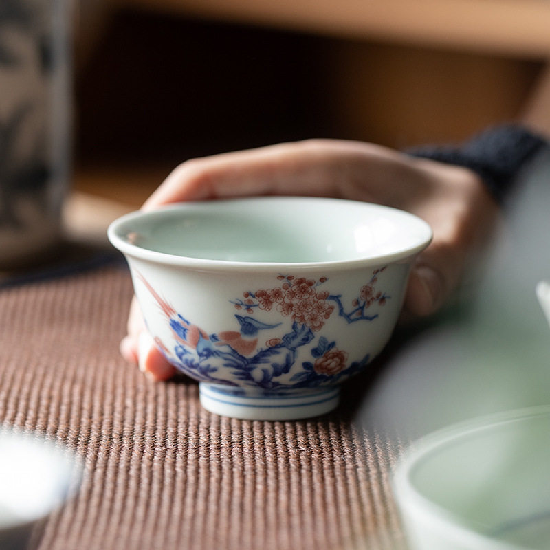 复古釉中彩青花瓷中式茶杯