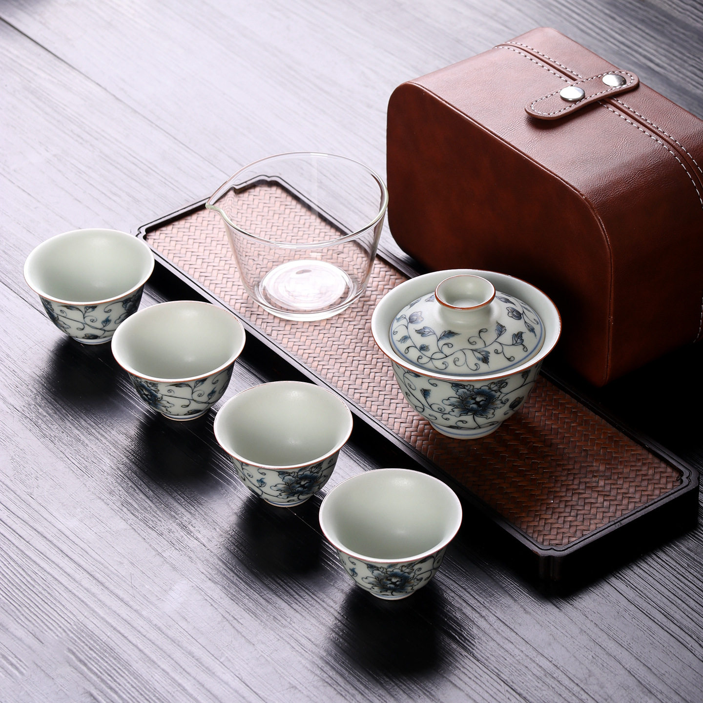 亚青釉中彩旅行茶具快客杯一盖碗四杯随身茶具户外露营便携茶具