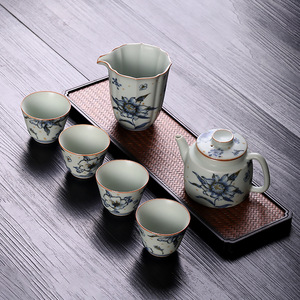 亚青釉中彩功夫茶具一壶四杯青花高端礼品套装复古风家用木制