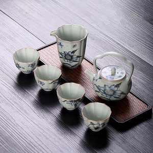 亚青釉中彩功夫茶具提梁壶一壶四杯青花高端礼品套装复古风家用