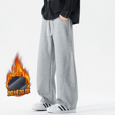加绒加厚冬装新款潮牌针织弯刀休闲裤男宽松百搭直筒拼接保暖卫裤