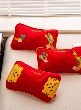 婴儿红色枕头纯棉儿童定型老虎枕荞麦枕芯宝宝满月周岁小老虎枕套