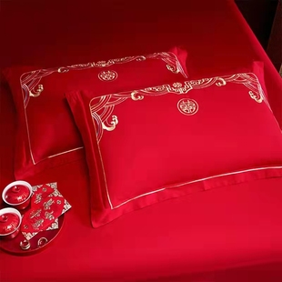 结婚枕套一对新款喜庆大红色绣花纯棉婚庆新婚喜字刺绣枕芯枕头套
