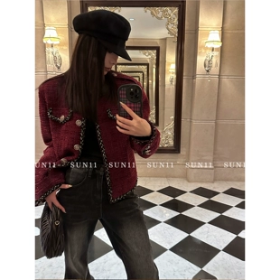 高级感短款 新年氛围红色小香风外套女2023春季 宽松上衣 SUN11 法式