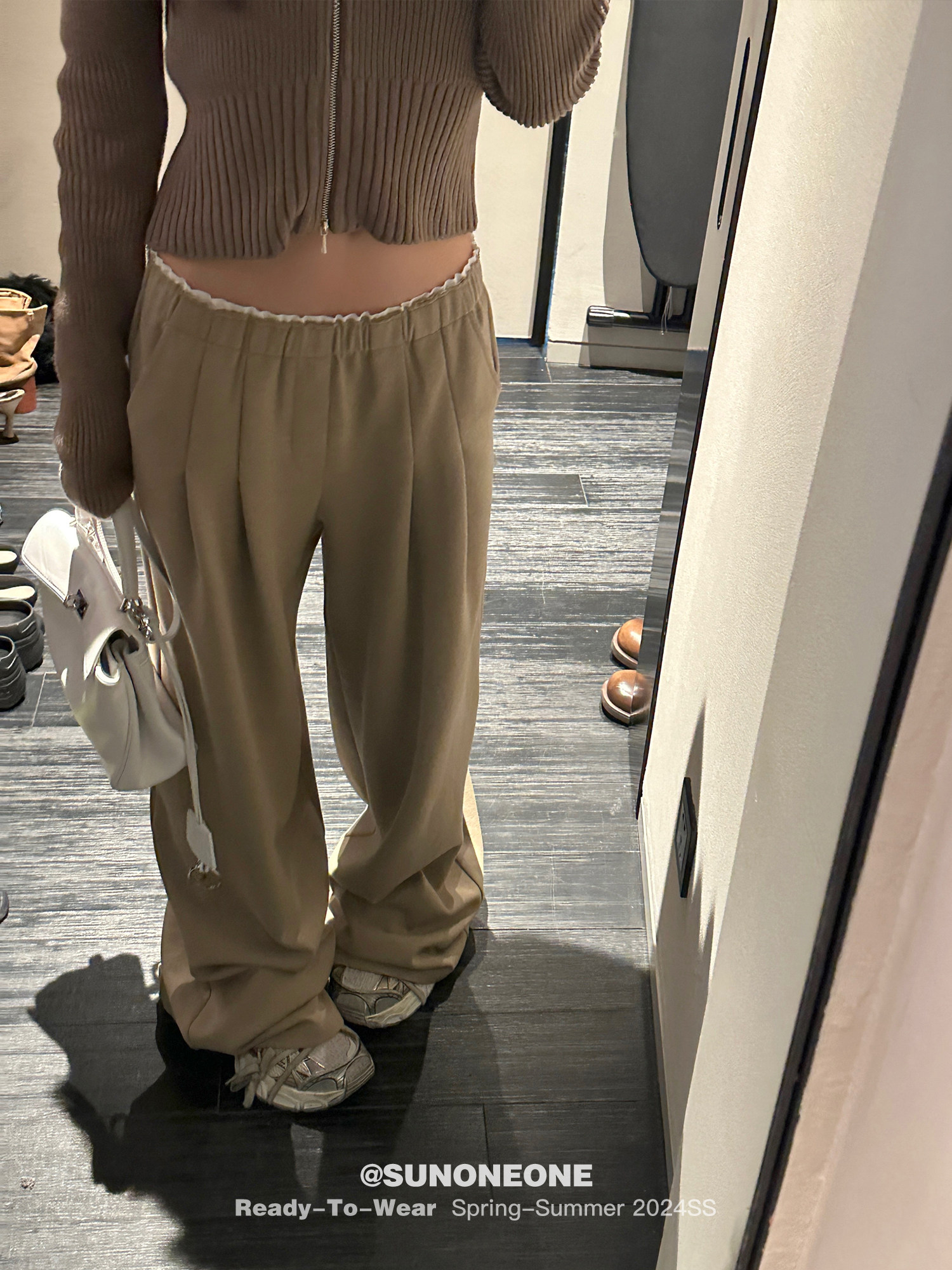 SUNONEONE Khaki double waist sports pants for women autumn new small casual American wide leg pants