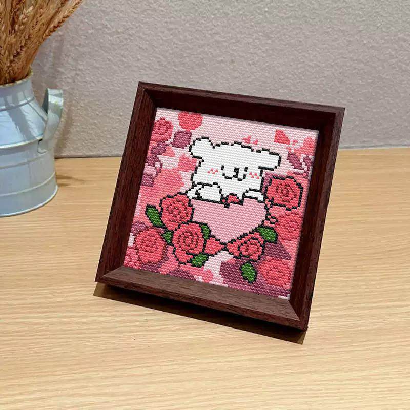 。十字绣2025新款线绣带框摆台卡通玫瑰花小狗手工刺
