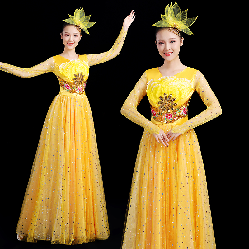 黄色古筝合唱团服装开场舞大摆裙