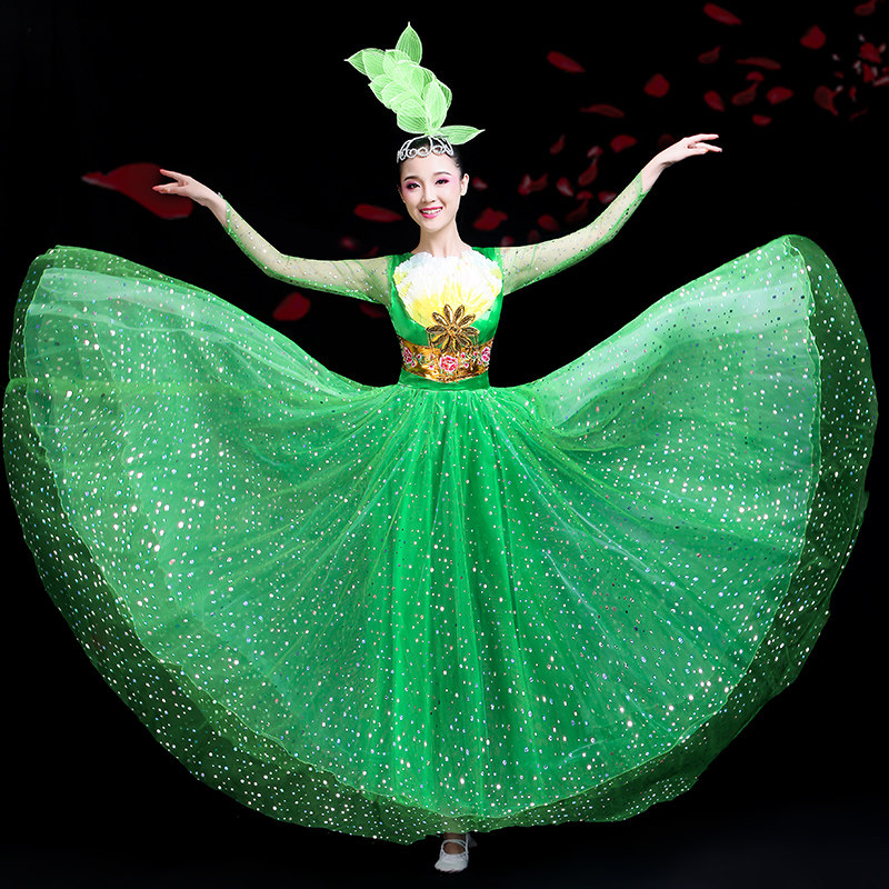 现代舞蹈大摆裙表演服装2026新款绿色大合唱女开场舞演出服长裙子