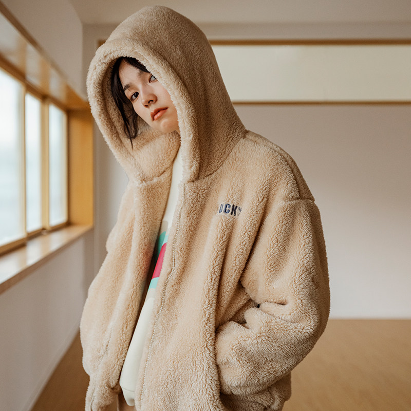 靴下物家居服可外穿烫光北极绒运动连帽外套秋冬厚款保暖睡衣套装