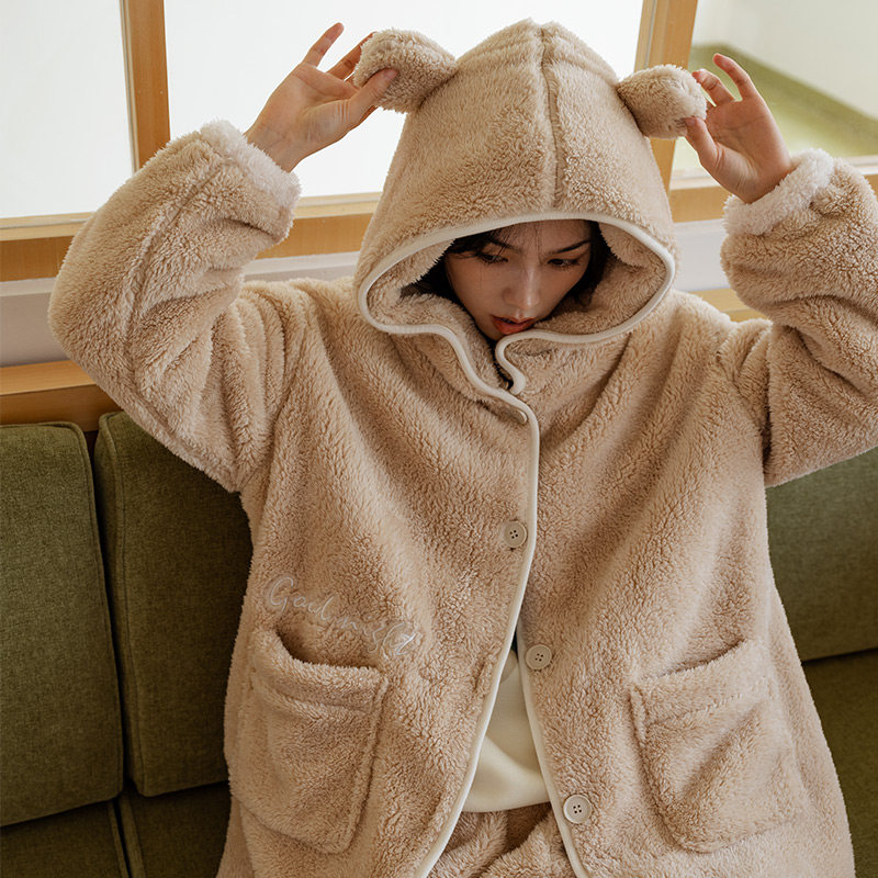 靴下物睡袍女冬季加绒厚北极绒长袖秋冬款防风睡衣长款浴袍家居服
