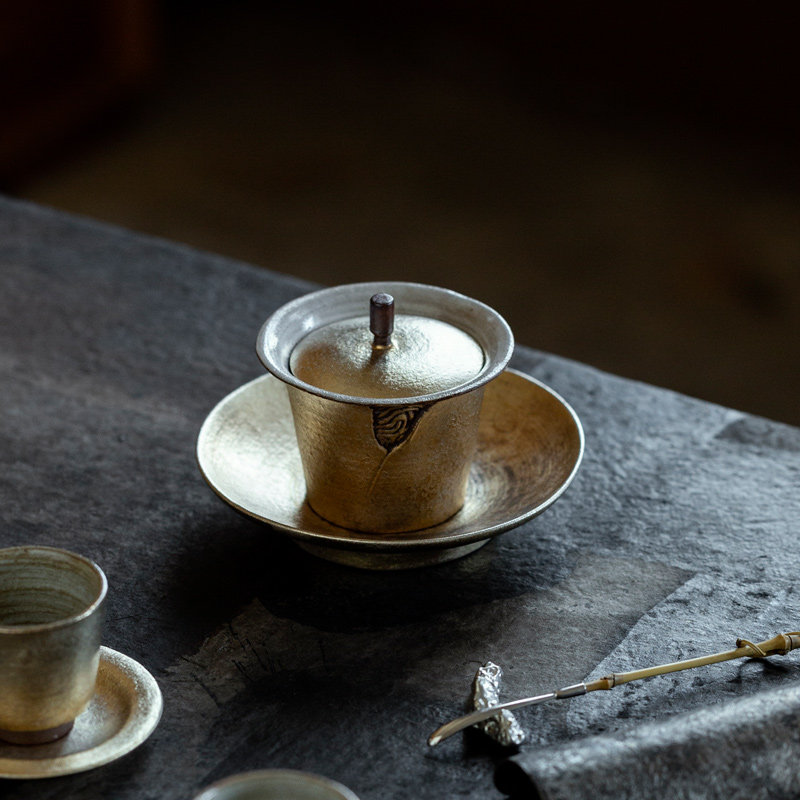 寂艺鎏银盖碗陶瓷手作烧银泊茶具高端小容量茶碗防烫耐热手抓壶