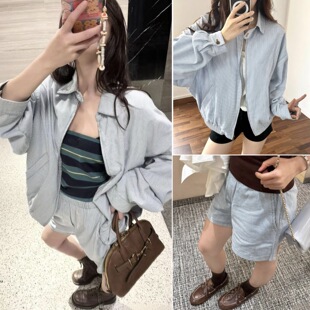 HOUSE25秋冬 色织休闲蓝色条纹收腰衬衫夹克外套松紧腰短裤套装女