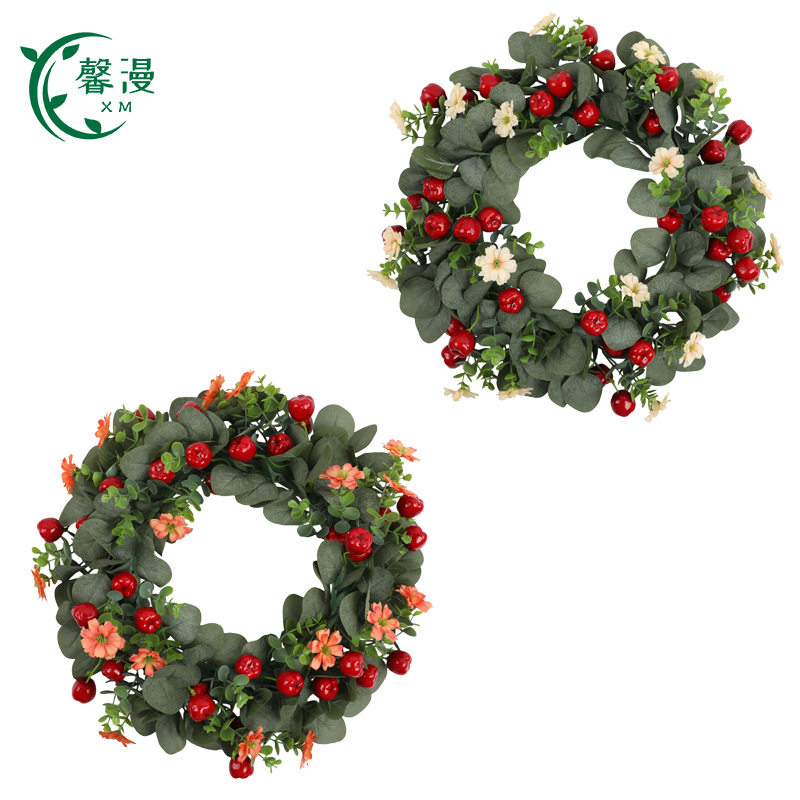 仿真花环跨境桉树叶红果人造花派对家居装饰挂件圣诞节门饰摆件