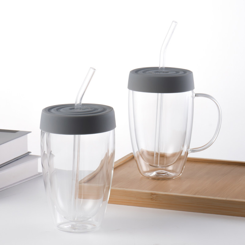 mrwater耐热玻璃杯带盖双层玻璃吸管杯家用透明牛奶咖啡杯喝水杯