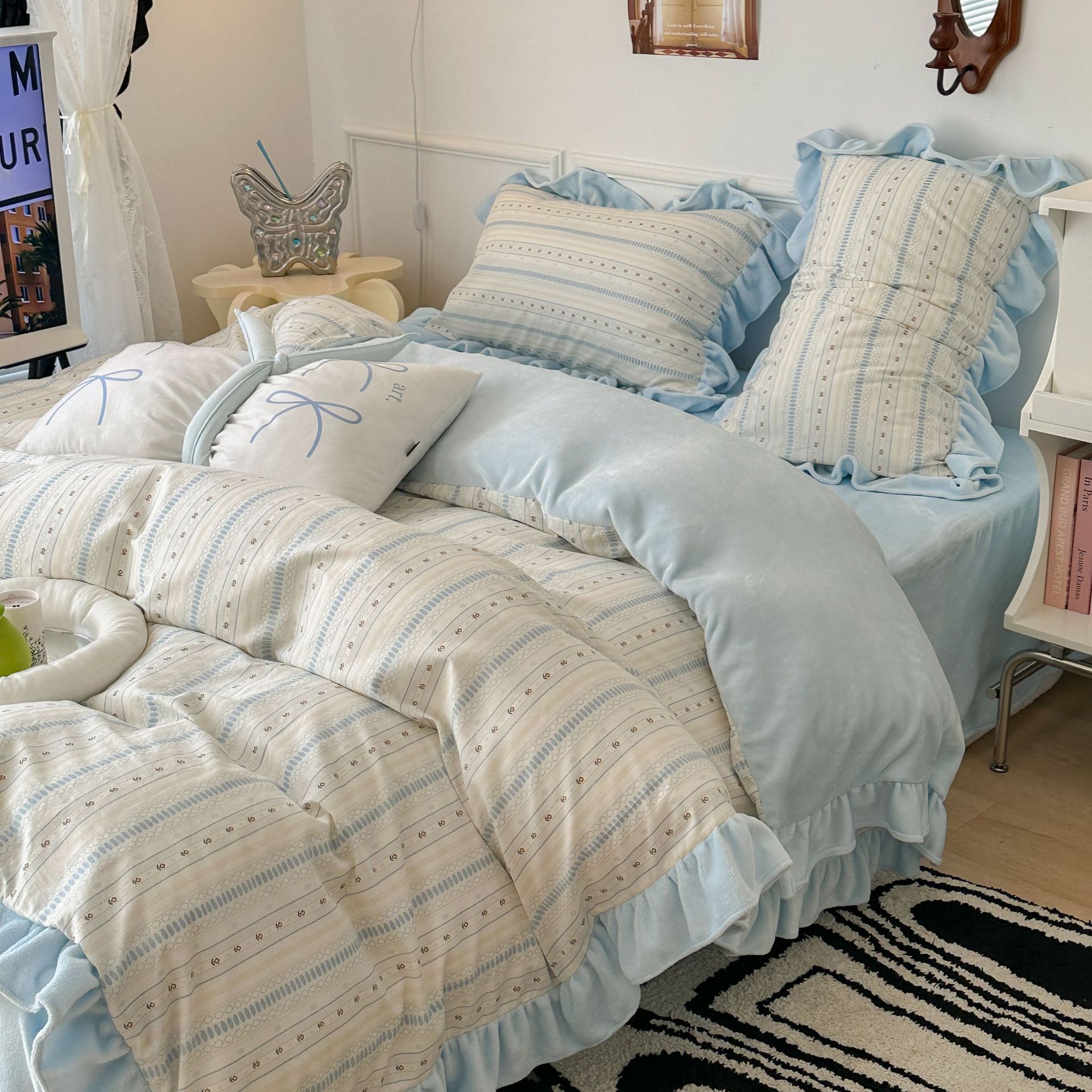 小碎花荷叶边棉加绒床上四件套A面纯棉B面牛奶绒冬季加厚