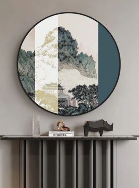 新中式客厅沙发背景墙挂画空谷幽兰圆形玄关装饰画高级感晶瓷画