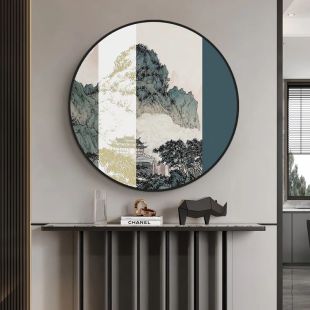新中式客厅沙发背景墙挂画空谷幽兰圆形玄关装饰画高级感晶瓷画