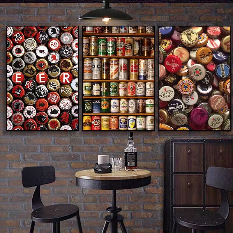 酒吧装饰画烧烤店酒瓶瓶盖铁牌齿轮挂画酒馆啤酒樽易拉罐合集壁画