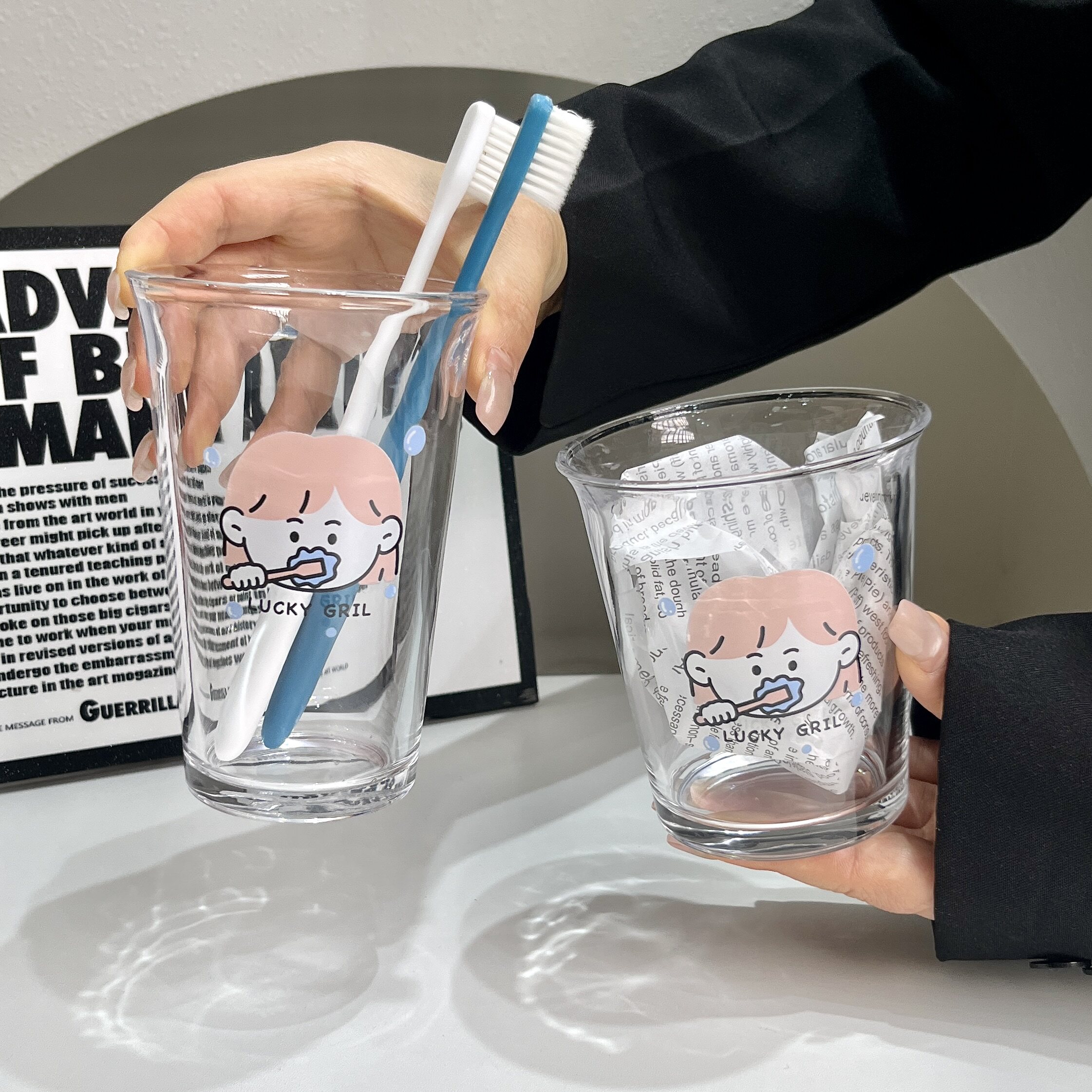 可爱卡通透明大容量玻璃漱口杯