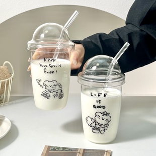原创可爱小狗玻璃杯高硼硅水杯气泡水杯牛奶果汁咖啡杯带盖吸管杯