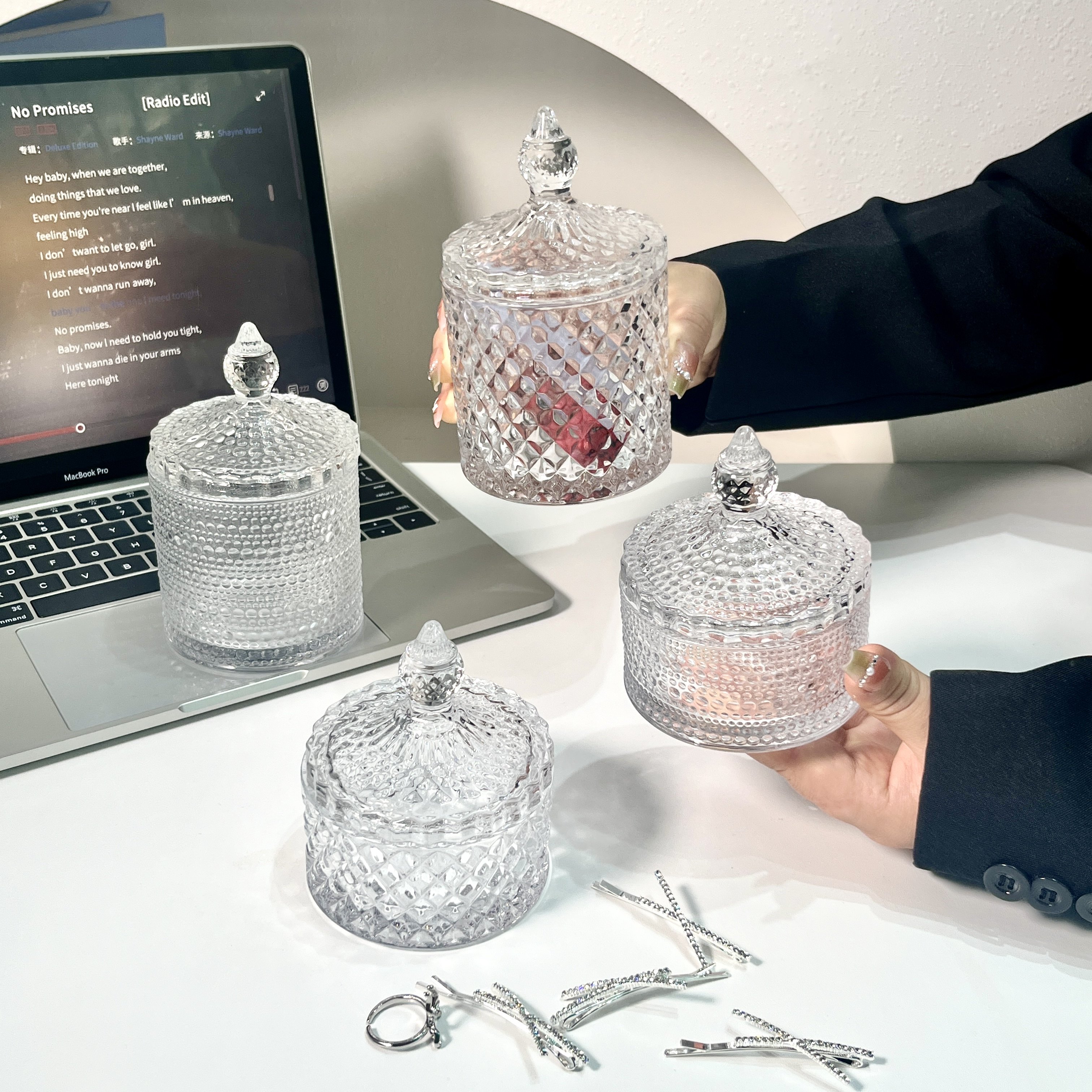 ins轻奢玻璃笔筒口红化妆刷首饰盒带盖棉签收纳盒家用精致糖果罐,家居饰品,饰品盒,淘宝优惠券,粉丝福利购,淘宝优惠卷