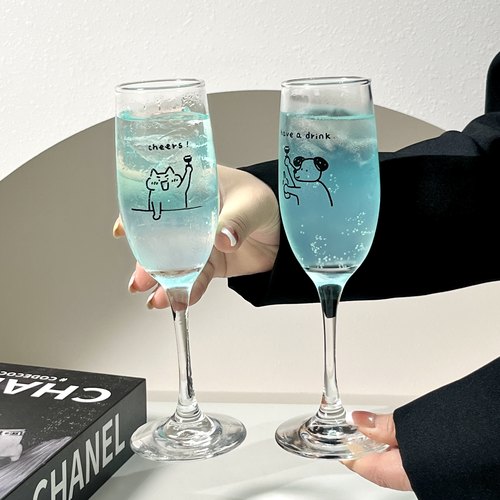 原创喝酒小狗玻璃酒杯高颜值高脚香槟杯女生气泡水果酒鸡尾酒杯子