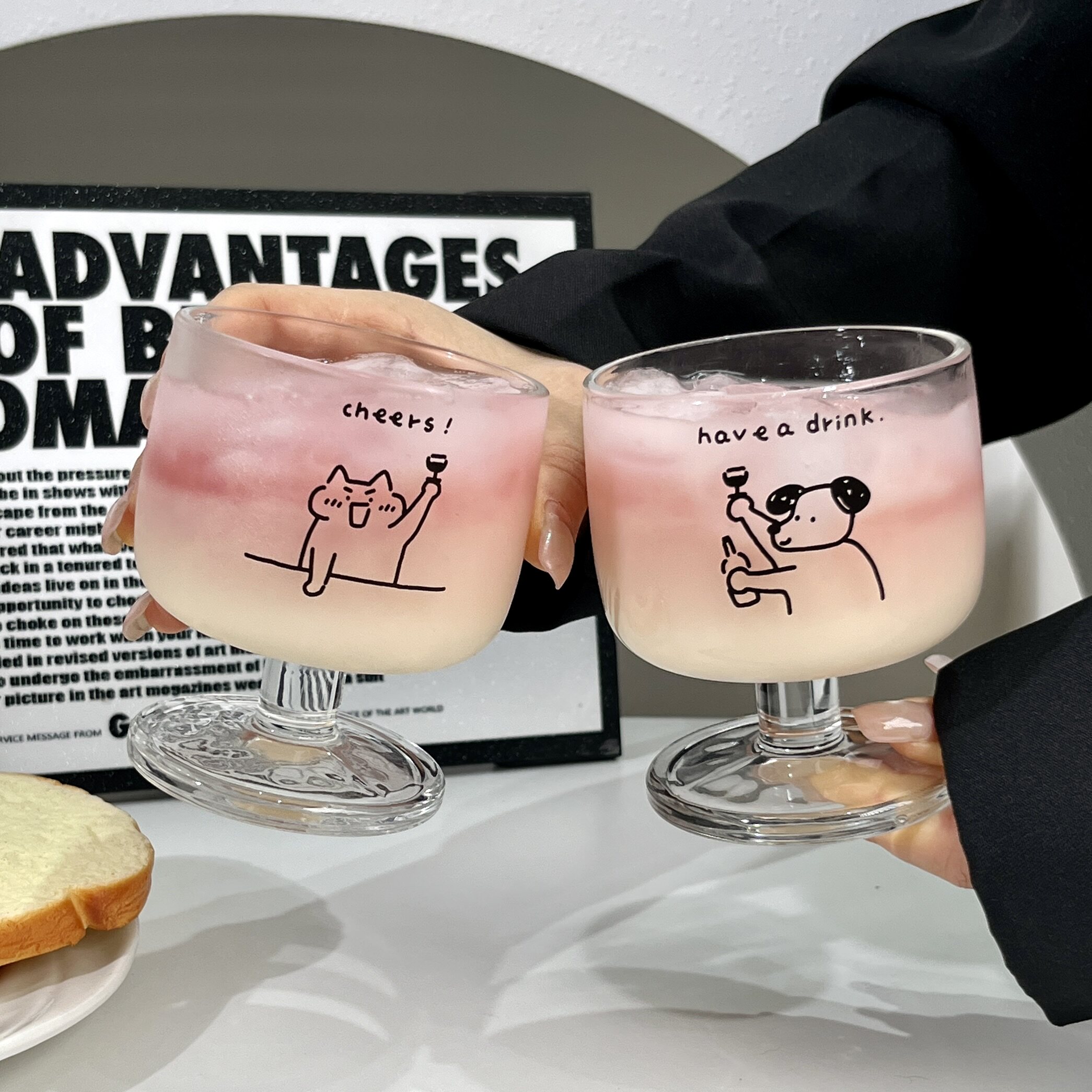 2只装原创ins风可爱小狗玻璃杯高脚杯冰咖啡杯果汁牛奶杯子饮料杯