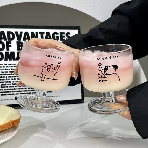 2只装原创ins风可爱小狗玻璃杯高脚杯冰咖啡杯果汁牛奶杯子饮料杯