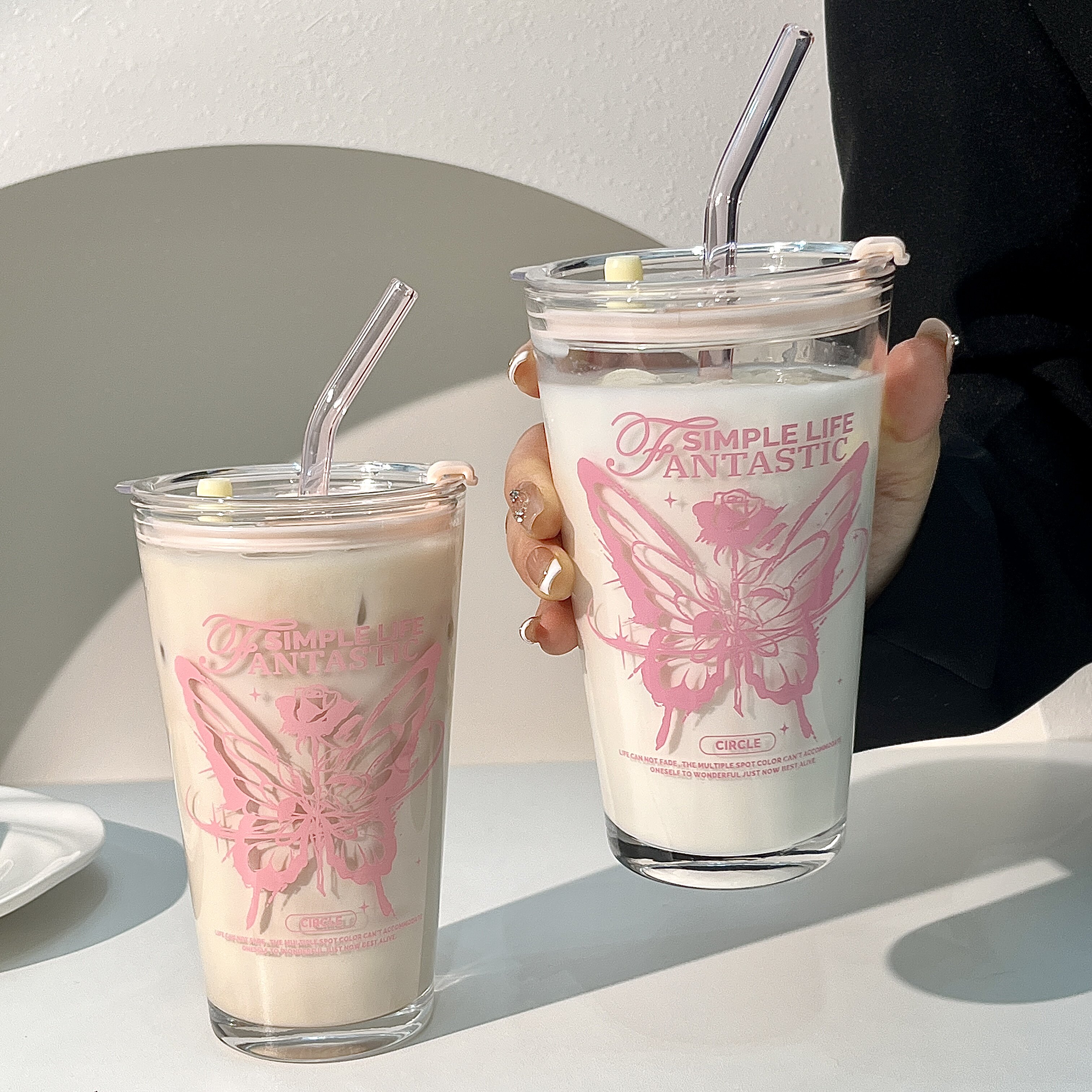 少女ins英文印花高颜值吸管水杯果汁杯子大容量咖啡杯玻璃杯带盖