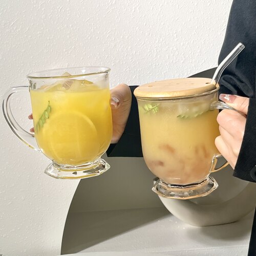 带盖咕噜大口杯网红ins风玻璃杯大容量水杯果茶杯带把手饮料杯子
