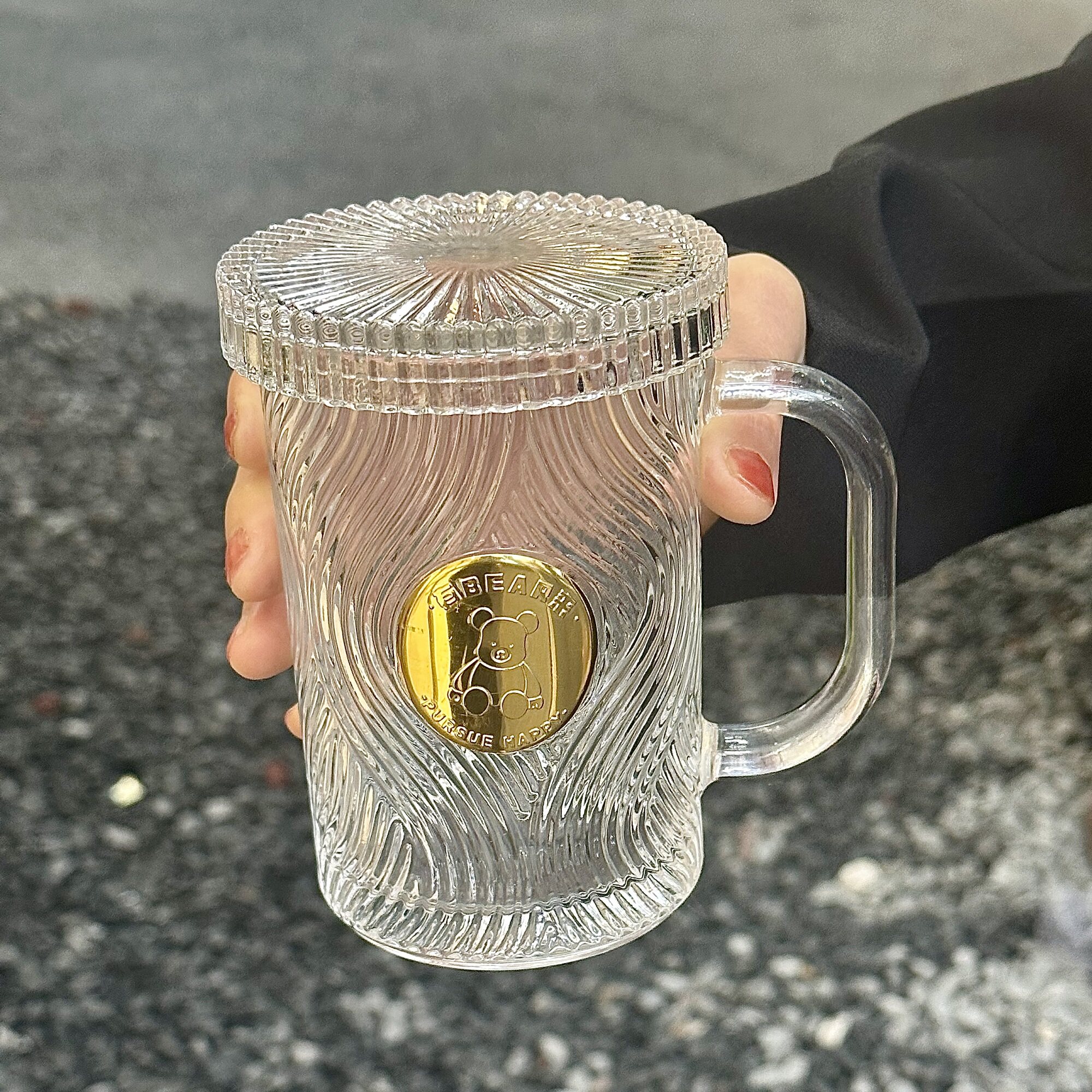 ins风竖条纹玻璃马克杯 喝水杯子带把手带盖高颜值家用果汁牛奶杯