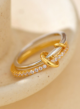 新品欧美ins风S925纯银周圈钻双层拼色手饰品气质女个性轻奢戒指