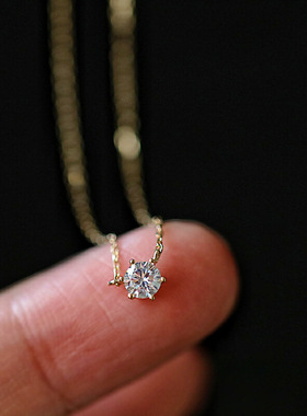 S925纯银镀14K金经典单钻项链六爪锆石锁骨链百搭简约吊坠女ins