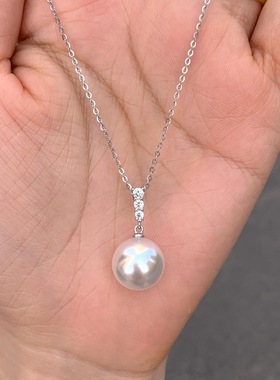 s925纯银三钻妃正圆强光珍珠项链小众设计气质轻奢感锁骨链