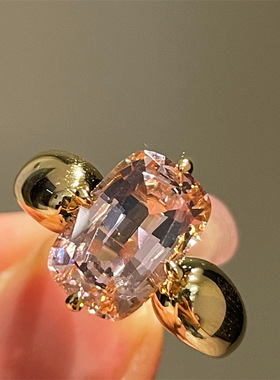 925银镀金 高碳钻 日落色 帕帕拉恰椭圆 粉色 意大利风肥戒指