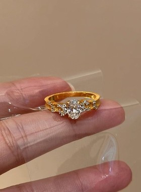 S925纯银闪钻鸽子蛋戒指复古设计感意大利拉丝繁星食指戒