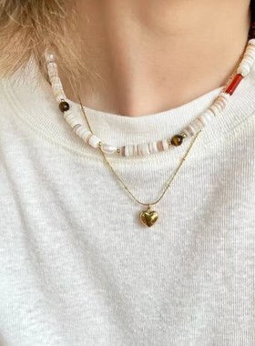 淡水珍珠混色贝壳串珠项链时尚红玛瑙虎眼石项链小众设计锁骨