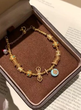 s925纯银重工蒂夫尼蓝松石盘缠手链奢华古法金刚杵镀18k金新中式