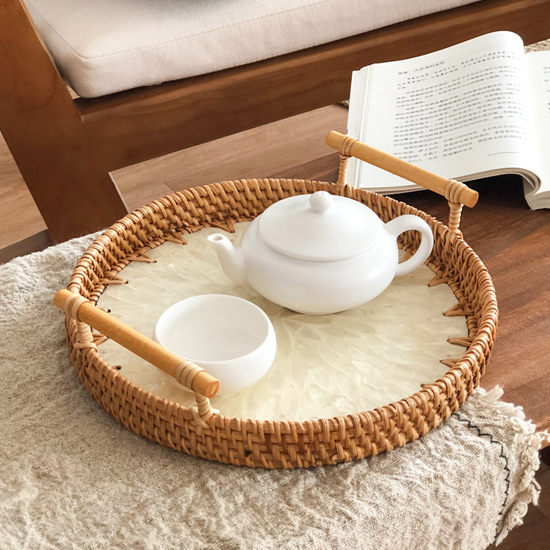 手工编织藤编贝壳茶具托盘水果盘馒头筐早餐篮手提面包筐点心篮子