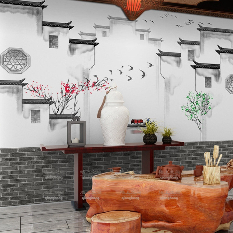 3d新中式马头墙徽派建筑背景墙纸水墨山水画墙布茶楼餐厅饭店壁纸