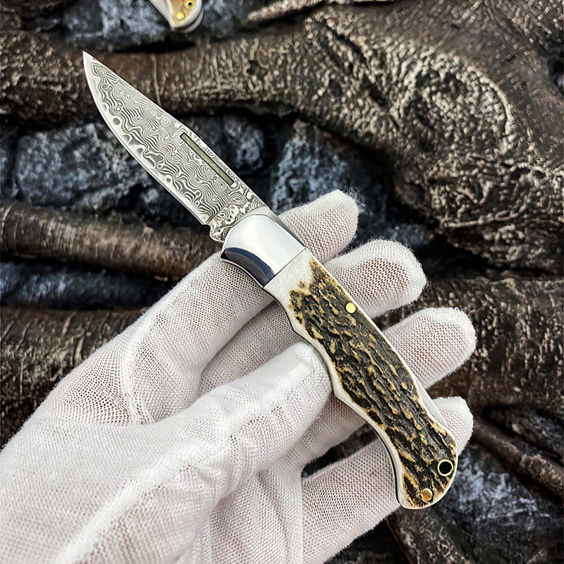 鹿角柄大马士革钢刀水果刀家用高档宿舍用学生折叠刀小刀便携德国