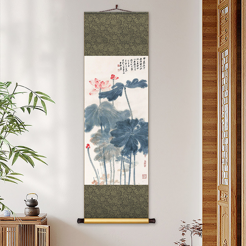 张大千荷花水墨卷轴挂画新中式客厅书房竖版装饰画入户玄关国画