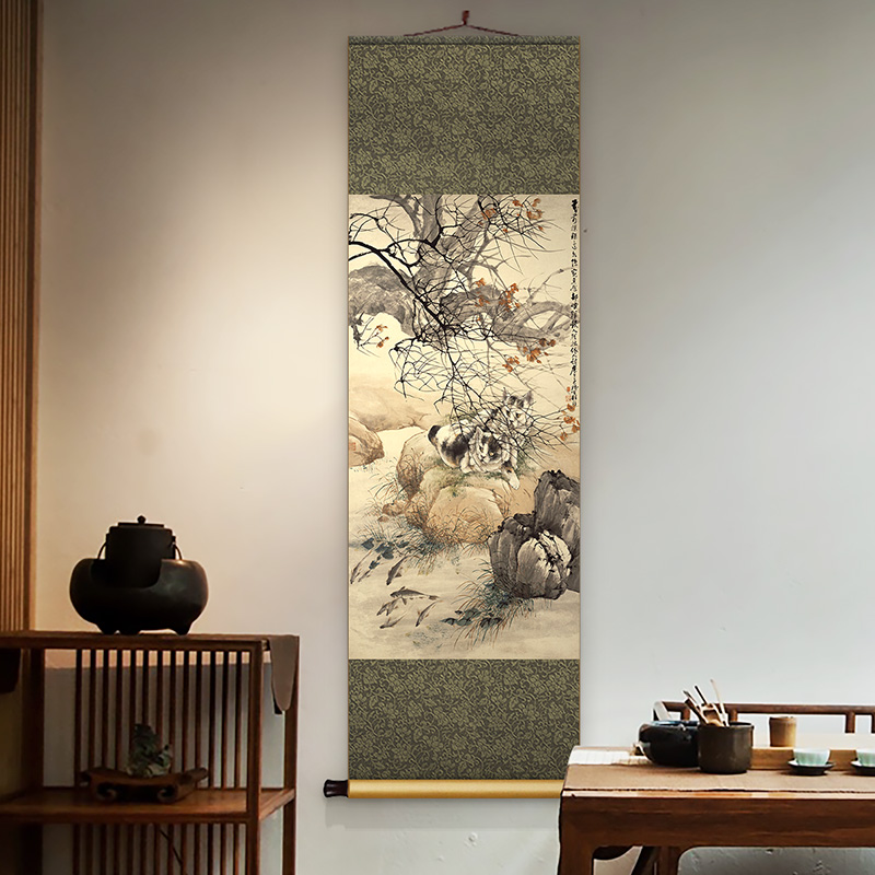 程璋双猫窥鱼图卷轴挂画新中式茶室书房壁画竖版客餐厅复古装饰画图片