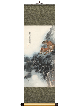张善子双虎远眺图卷轴挂画中式茶室书房装饰画虎威图餐厅玄关国画