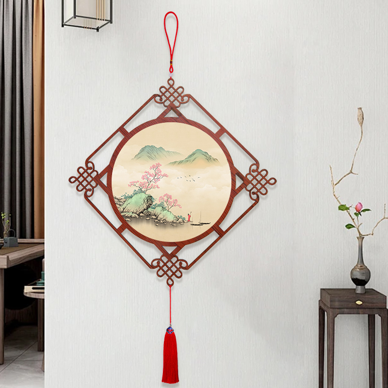 新年装饰挂件2024新款禅意山水客厅挂画带中国结中式玄关过道挂饰
