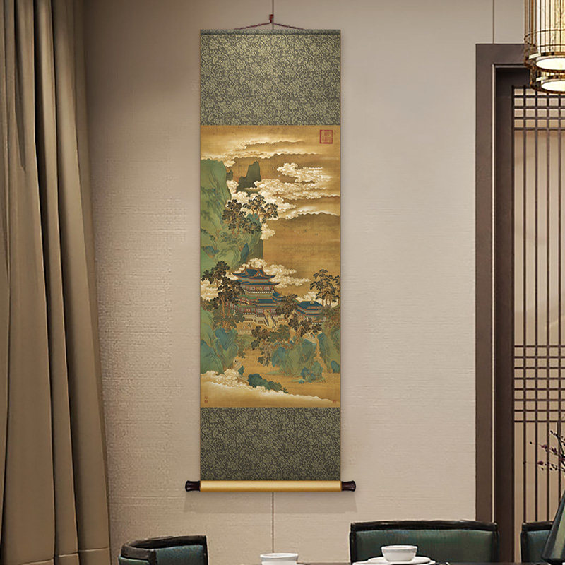 赵伯驹仙山楼阁图卷轴挂画 画中式书房客厅覆古装饰画 画饭厅玄关