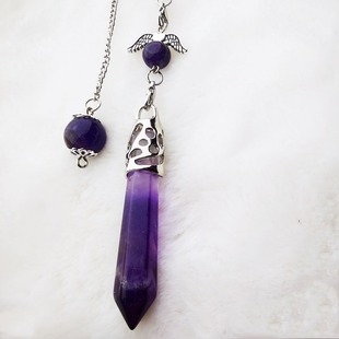 灵摆调频srt天然紫水晶粉晶吊坠单尖六角柱项链灵摆调频天然灵摆