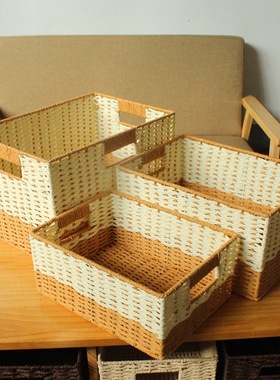 手工编织收纳盒桌面零食杂物筐大号无盖草编收纳箱整理箱客厅卧室