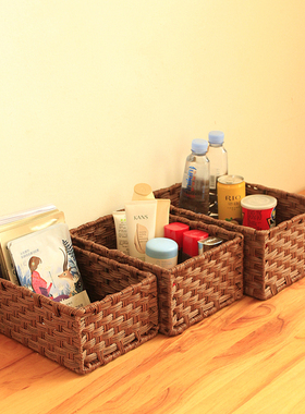 桌面零食收纳盒仿藤编玄关置物储物筐客厅茶几遥控器杂物篮子塑编
