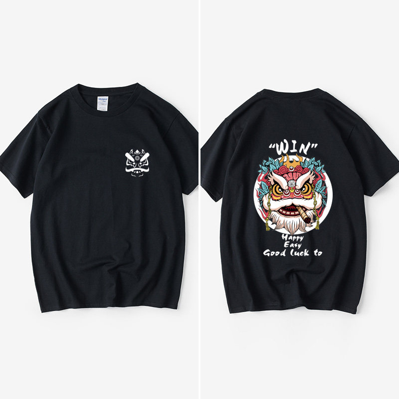 华子同款国潮醒狮子头抖音街溜子李会长T恤短袖衣服女男圆领大码
